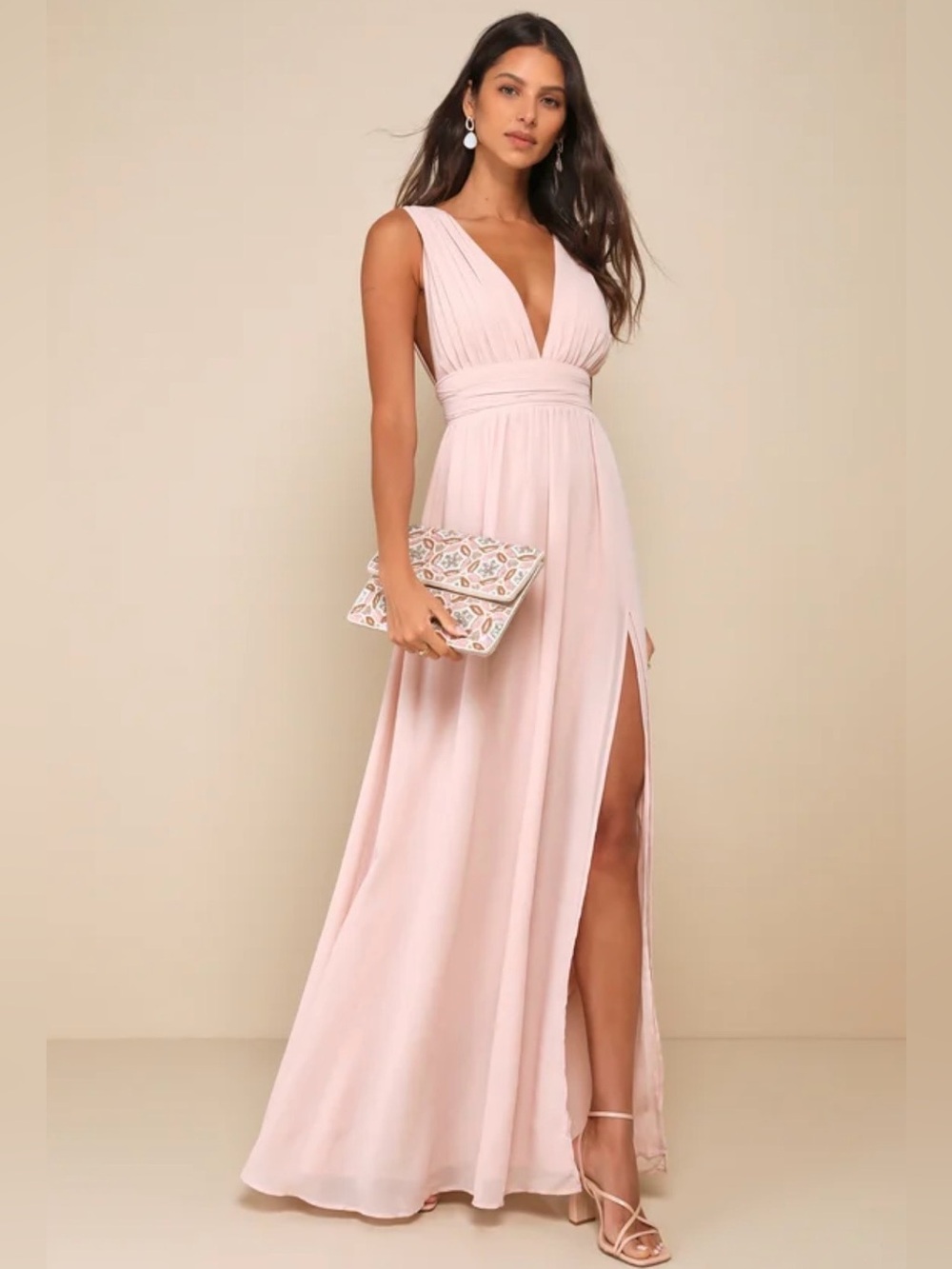 Lulu's Blush Pink V-Neck Maxi Dress with Side Slit